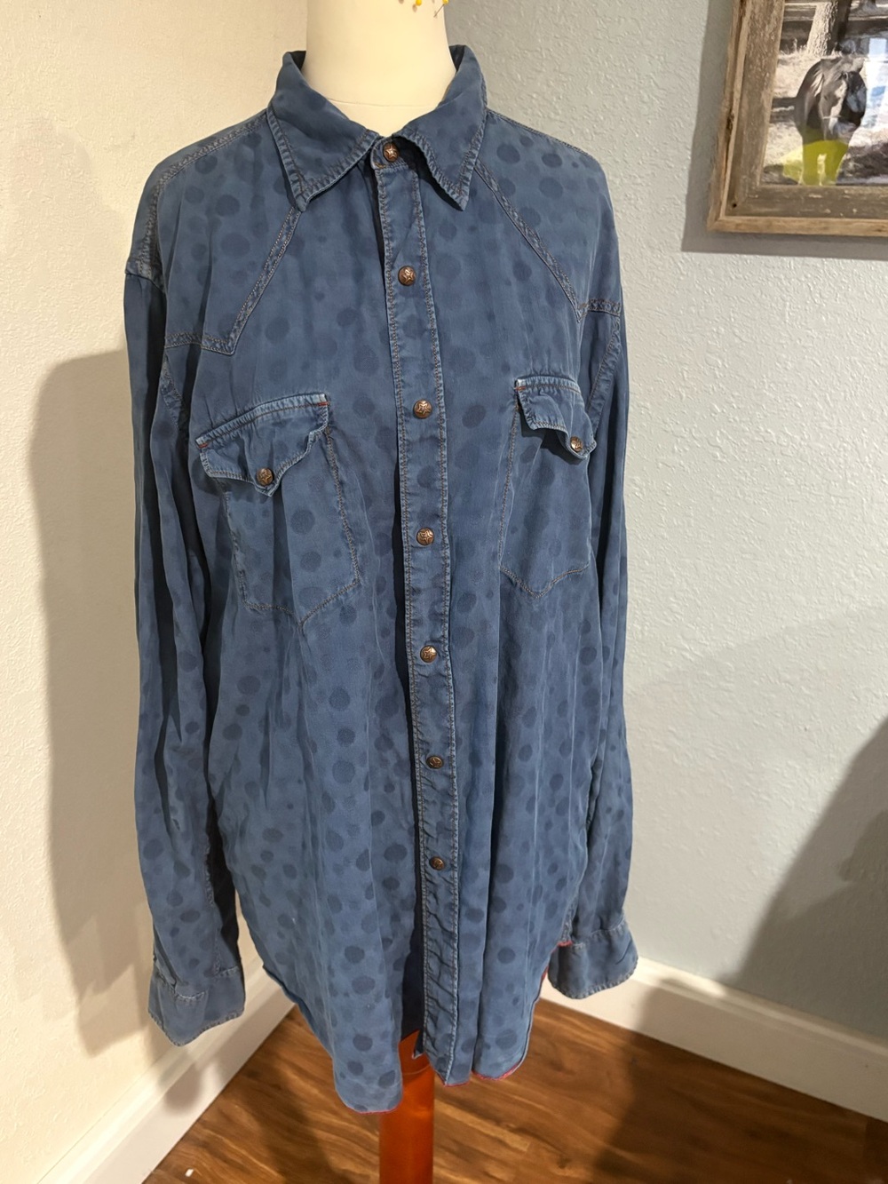 Vtg Ryan Michael Silk Cotton Western Snap Shirt L Blue Polka Dot Cowboy Star